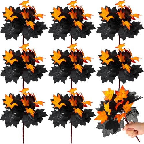 XunYee 8 Pcs Halloween Black Maple Leaves Branches Halloween Flowers Artificial Fall Autumn Leaves Stems Bouquet for Thanksgiving Holiday Floral Arrangement Table Centerpiece Home Decor