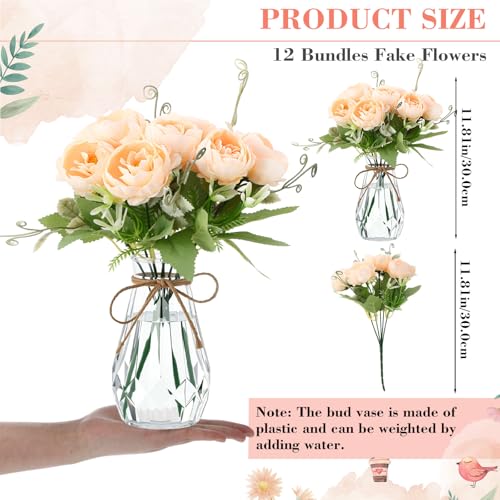 Zeyune 37 Pack Artificial Peonies Flowers with Bud Vase Bulk 24 Bundles Silk Peonies Bouquets 12 Plastic Clear Vase with 1 Rope Fake Flowers for Table Centerpiece Vases(Champagne,Perfume) - color: Champagne, style: Perfume