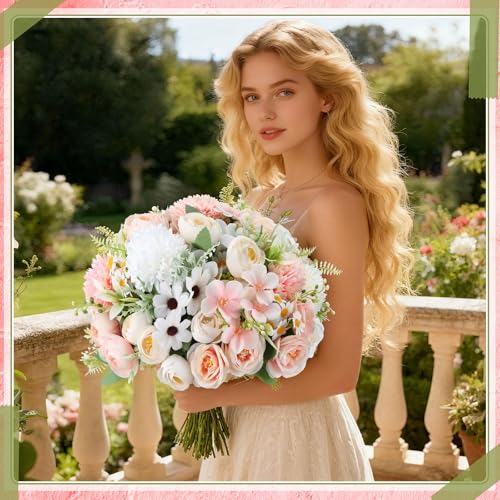 Tigeen 6 Bundles Artificial Bouquet Flowers Artificial Peonies Faux Roses Hydrangea Flowers Bouquet for Wedding Table Centerpiece Floral Vase Decor (White,Pink) - color: White,pink