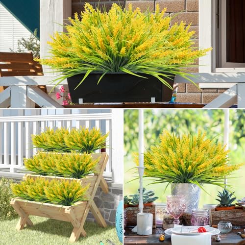 40 Bundles Artificial Plants Outdoor Fake Monkey Grass with Lavender Flowers Plastic UV Resistant Greenery Shrubs for Window Box Porch Garden Patio Outdoor Decor(Yellow) - color: Yellow