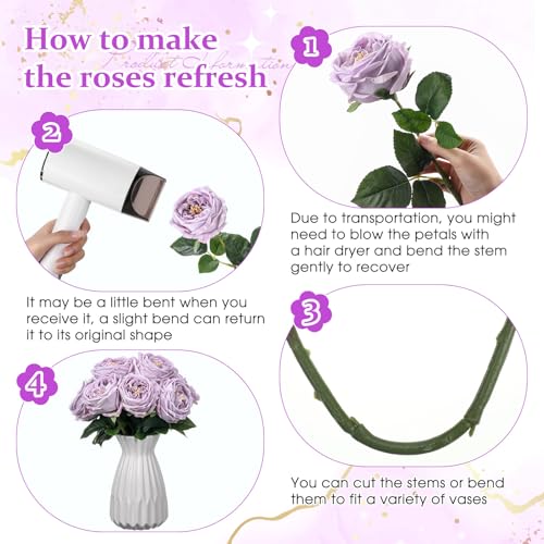 Daifunli 10pcs Real Lifelike Peonies Artificial Flowers, Faux Austin Rose with Long Stem Look Real Fake Flower for Christmas Valentines Arrangement Wedding Party Home Kitchen Decor(Light Purple) - color: Light Purple