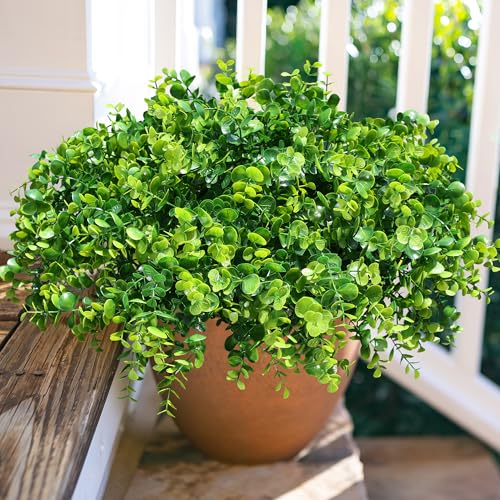 HyeFlora Artificial Plants for Outdoors Outside Spring Summer Decoration, 12 Bundles Faux Eucalyptus Leaves Stems Bulk Fake Greenery Branches Look Real UV Resistant for Home Porch Patio Planter Yard - color: Green Eucalyptus