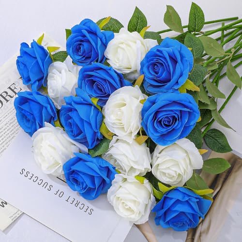 32 Pcs Blue, White Artificial Flowers Roses Fake, Silk Flowers with Stems for DIY Wedding Gothic Bridal Shower Centerpieces Arrangements Tables Decorations - color: Blue, White