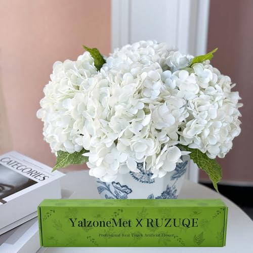 YalzoneMet 4Pcs Real Touch Hydrangea White Artificial Flowers 21'' Faux Latex Big Hydrangea Flowers for Wedding Table Centerpieces Fake Flowers for Party Home Kitchen Living Room Decor - color: White