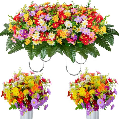 XONOR Artificial Cemetery Flowers Saddle, Artificial Memorial Silk Daisy with Vase for Grave Headstone Decoration, Assorted Colors Daisy for Spring Summer Decoration(Saddle&Bouquets) - color: Saddle&bouquets