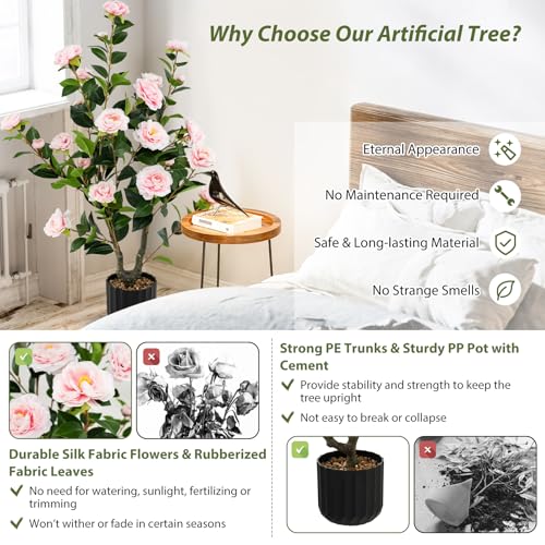 Goplus 38’’ Artificial Camellia Tree, 2 Pack Flower Plants Artificial Tree, Faux Floral Plant Blooming Tree in Cement Pot, Greenery Potted Plant for Indoor Outdoor Office Home Porch Decor - color: Pink, size: 38 inch×2