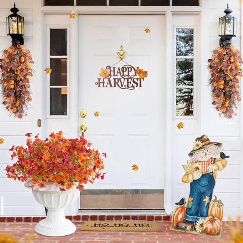 12Pcs Artificial Fall Flowers Mums for Outdoors, Fake Faux Plants Silk Colorful Flowers Eucalyptus Realistic UV Resistant for Outside Home Planter Porch Patio Yard Decor (12, Fall Orange 2 Colors) - color: Fall Orange 2 Colors