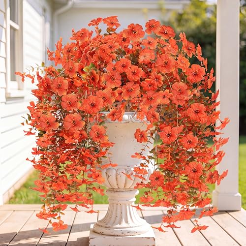 Artificial Fake Hanging Flowers Fall Plants for Outdoor Outside Autumn Decoration 2PCS Faux Silk UV Resistant Realistic with Eucalyptus for Home Thanksgiving Harvest Porch Patio Balcony(Fall Orange) - color: Fall Orange