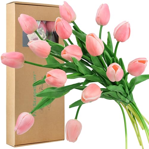 FiveSeasonStuff Real Touch Tulips Artificial Flowers – 15 Stems Faux Tulip Bouquet in Gift Box for Wedding, Home Decor, Party, Floral Arrangements (Amaranth Pink) - color: #4 Amaranth Pink