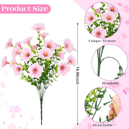 Roberly 12 Bundles Artificial Flowers for Outdoors, Fake Flowers Silk Morning Glory with Eucalyptus UV Resistant Faux Plants for Spring Summer Garden Outside Porch Patio Yard Home Decor, Pink - color: Pink