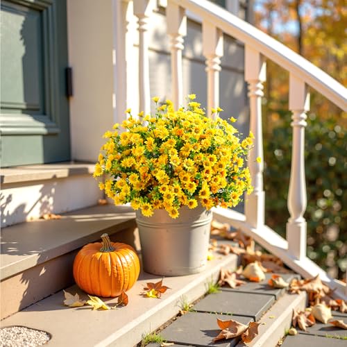 Artificial Mums Fall Fake Flowers for Outdoors, 10 Bundles Faux Mums Autumn Decorations,UV Resistant Silk Flowers Plastic Plants for Outside Front Porch Garden Patio Home Planters Decor (Yellow) - color: Yellow