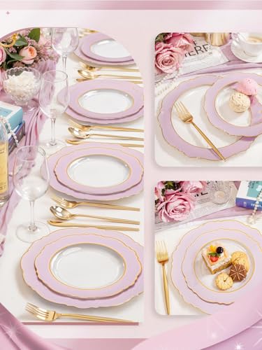 WDF 60Pcs Pink Plates Disposable with Gold Rim - Baroque Clear Pink and Gold Plastic Party Plates Ideal for Wedding/Baby Shower/Spring - color: Clear Pink with Gold Rim, size: 60PCS