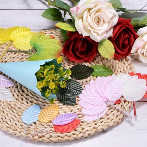 M METERXITY 100-Pack Artificial Silk Leaf, Faux Wire Single Leaves, Fake Flower Leaf with Stem for DIY Bouquet/Wreaths/Wedding/Garland/Party Decorations, Fake Rose Craft Leaves [Orange] - color: Orange