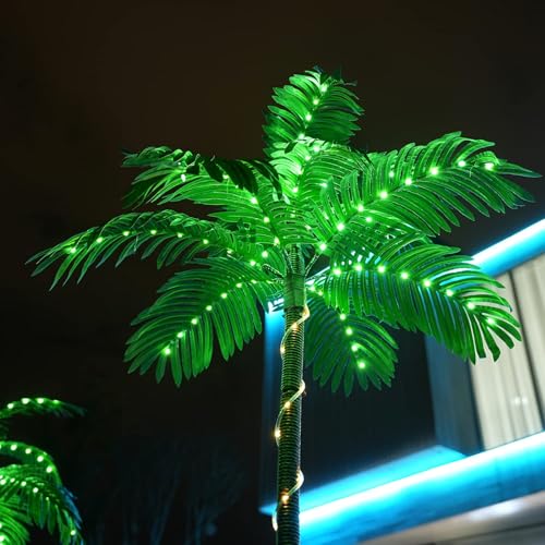 Solar Artificial Palm Tree Christmas Tree 7Ft 3Trunks 260LED Lighted Simulation Tropical Palm Tree Fake Plant Light for Patio Home Office Beach Yard Cruise Party Tiki Bar Decorations - style: 7FT Solar
