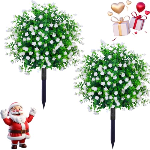 THKFUL Artificial Flower Topiary Ball Trees Outdoor Set of 2 - White Boxwood Ball Fake Plants with Ground Spike,23" Realistic Faux Shrubs UV Resistant for 4th of July Front Porch Window Box Decor - style: White