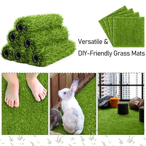 TURSTIN 30 Pieces Artificial Grass Mat 12 x 12 Inch Fake Grass Square Mat Synthetic Turf Patch Tiles with Drainage Holes Realistic Grass Rug for DIY Crafts Patio Indoor Outdoor Decor, Grass Green