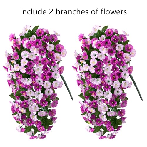 HyeFlora Artificial Fake Hanging Flowers Plants for Outdoor Outside, 2PCS Faux Silk Morning Glory Trailing Vines UV Resistant Look Real for Home Planter Porch Patio (Light Fuchsia+Fuchsia) - color: Light Fuchsia+fuchsia 2