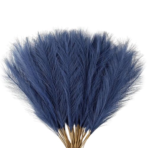 Blue Pampas Grass Decor, 30 Pcs 17" Navy Blue Artificial Faux Pampas Grass Stems, Fluffy Fake Bulrush Floor Vase Filler Flower Arrangement for Boho Home Wedding Office Decoration - color: Blue