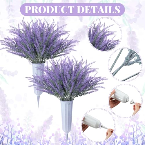 Thiccywoov 2 Sets Spring Lavender Cemetery Flowers with Vase for Grave 12 Bundles Flocked Plastic Lavender Artificial Flowers for Spring Cemetery Headstones Decoration - color: Purple, size: Lavender