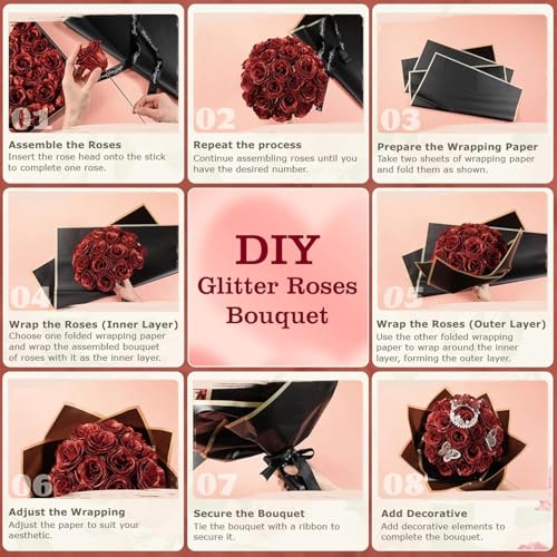 Pink Mothers Day Glitter Flower Bouquet for Mom,Fake Roses, 36 Pcs DIY Artificial Glitter Rose Bouquet, Eternal Flowers Gifts for Girlfriend, Valentines, Birthday, Anniversary, Photo Props - color: Fba-pink