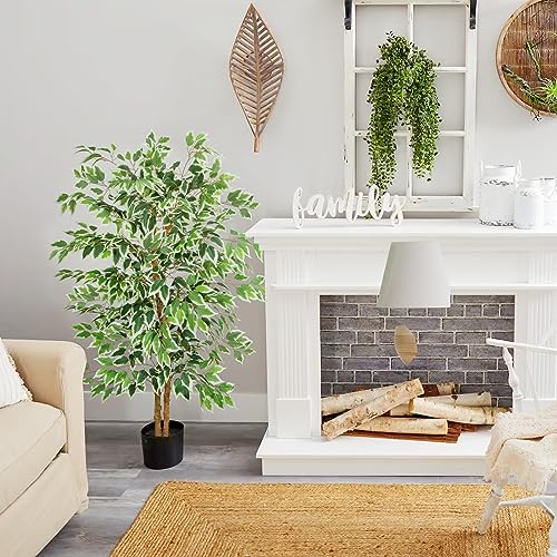 GTIDEA 5ft Ficus Tree Artificial, Tall Fake Tree with Natural Trunk Faux Trees Indoor Silk Ficus Leaves Artificial Trees for Home Decor Indoor Summer Office Living Room Outdoor (Included Dried Moss) - color: 5ft Ficus Tree (No Vase)