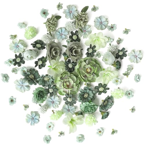 Floroom Mini Artificial Flower Heads Sage & Olive Green Fake Peony Daisy Rose Multicolor Small Faux Silk Flower Heads for Cake Craft Garland Wedding Party Graduation Cap DIY Home Decoration, 0.8"-3.6" - color: Olive Sage Green