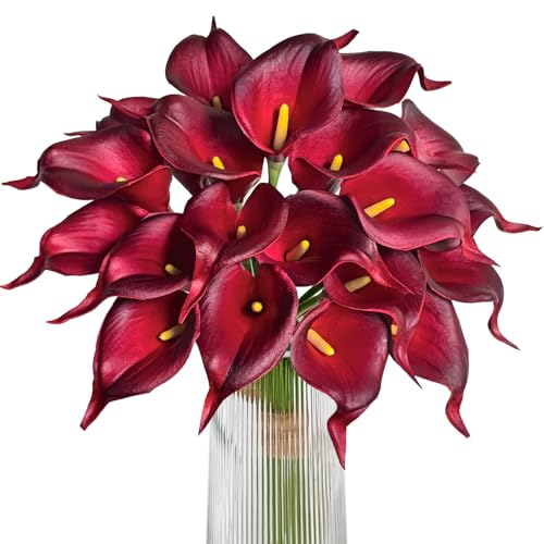 Letjolt Artificial Calla Lily Flowers Dark Red Flowers 20Pcs | Wedding Bouquet, Home Decoration, Faux - color: Dark Red