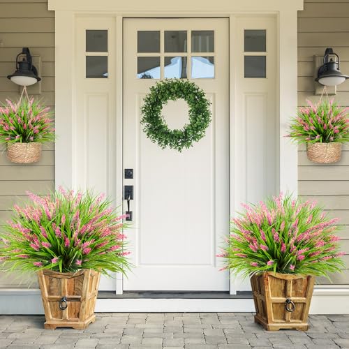 Sggvecsy 24 Bundles Artificial Plants Outdoor Faux Lavender Flowers Fake Monkey Grass UV Resistant Plastic Greenery Plants for Garden Home Porch Window Patio Hanging Planter Indoor Decor(Pink) - color: Pink, size: 24pcs