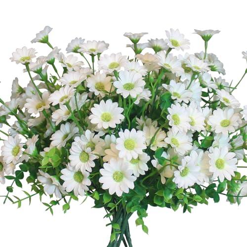 alyptus Fake Flowers for Outdoors 8 Bundles White Silk Artificial Sunflower Plants Faux Greenery for Wedding Home Garden Window Box Outdoor Planters Decor (White Fake mums) - color: White Artificial Flowers for Outdoors