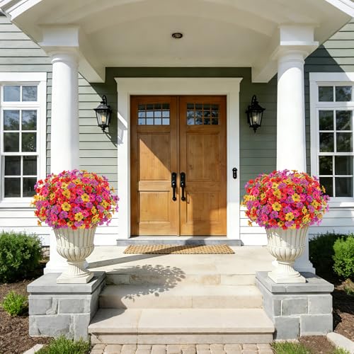 Artificial Flowers Faux Plants for Outdoor, 12 Bundles Realistic Silk Artificial Daisy with Eucalyptus, UV Resistant Fake Flower Plants for Outside Front Porch Garden Patio Decor (Mix-4 Colors) - color: Mix-4 Colors