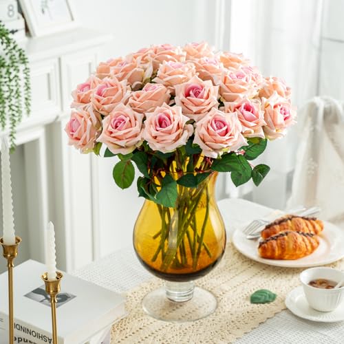 Ttranewsoo Fake Roses Faux Flowers Silk Roses Artificial Roses with Stems Realistic Artificial Flowers 16.5In Suitable for Indoor Home Decoration DIY Bouquet Wedding Decor Party Decor (Pink, 24PCS) - color: Pink 24pcs