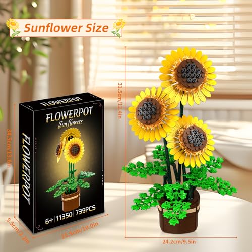 Sunflower Building Set Flowers with Vase, Botanical Collection Kit for Adults - 739PCS Sunflowers Bouquet, Birthday Day Sunflower Gifts for Adults Women