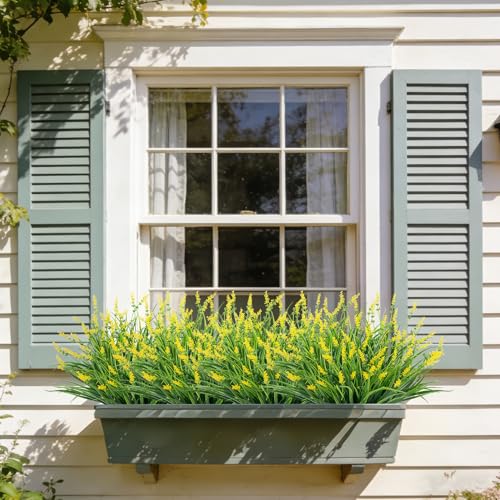 24 Bundles Artificial Plants Flowers Outdoor, Faux Lavender Flowers Fake Monkey Grass UV Resistant Plastic Plant for Porch Garden Patio Window Home Decor, Yellow - color: Yellow