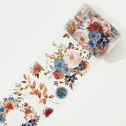 WT Dusty Blue & Cinnamon Wide PET Tape, Single Roll, Original Designs, Floral Decorative Tape, Transparent Craft Tape for Bujo Planner & DIY Supplies, Watercolor Flowers - color: WT Dusty Blue & Cinnamon Wide PET Tape