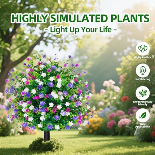 Artificial Boxwood Topiary Ball Tree Outdoor Set of 2,UV Resistant Fake Topiary Balls Flowers with Spike, Realistic Faux Shrubs Plants Bushes Greenery for 4th of July Porch Outdoor Planter D15.8 - color: White+purple