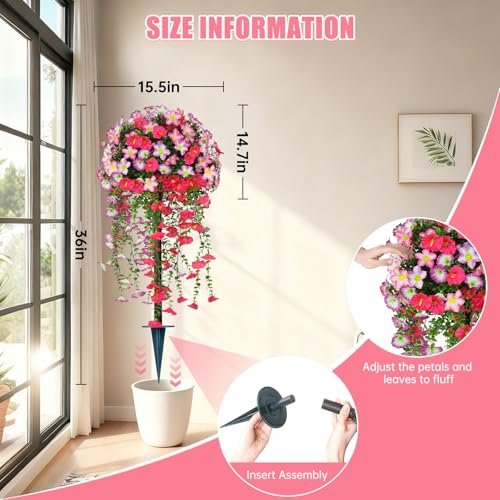 Yangrass Artificial Topiary Ball Trees with Pink Morning Glory Flowers, 3FT Faux Outdoor Plants Artificial Bushes Set of 2 with Ground Spike, UV Resistant Fake Shrubs for Front Porch Garden - color: Pink Morning Glory