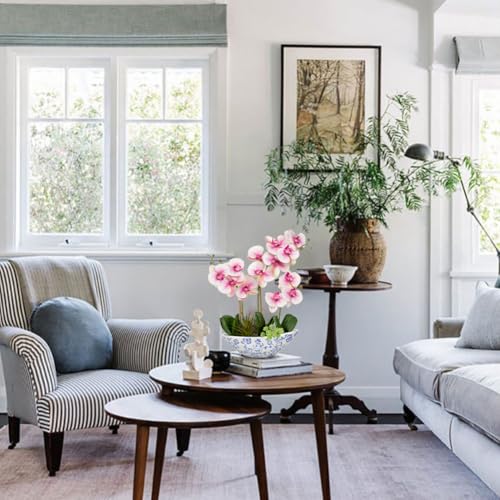 Briful Pink Orchid Fake Flowers 17in Artificial Orchid Silk Flowers in Blue and White Ceramic Vase Faux Orchid Arrangement for Elegant Home Office Room Dining Table Centerpiece Shelf Modern Decor - color: Pink-blue and White Porcelain Vase