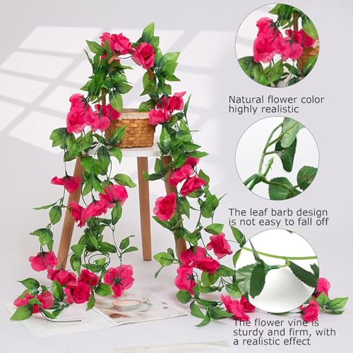 4Pcs Artificial Rose Vines Fake Flowers Garland with Green Leaves Faux Hanging Floral Plants for Home Bedroom Room Decor Aesthetic,Christmas Wedding Birthday Party Decoration (Magenta) - color: Magenta, size: 4Pcs-large rose