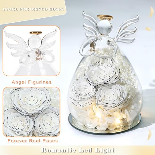 Beferr Gifts for Mom Birthday Gifts for Women, Fresh Flowers for Delivery Forever Preserved Rose in Glass Angel Figurine, Anniversary Christian Real Rose for Grandma Wife Mother from Daughter Son - color: N White-limited Edition