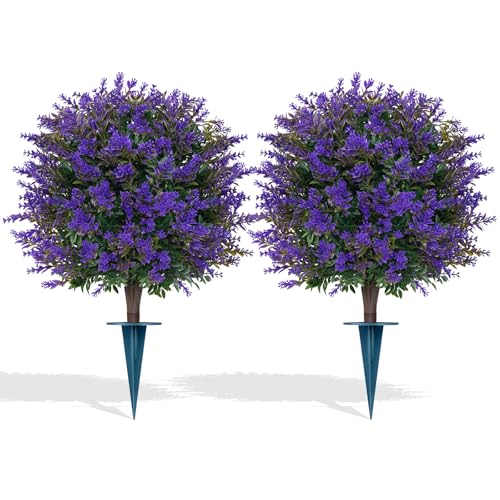 Grooy Artificial Lavender Topiary Ball for Outdoors, Set of 2 Boxwood Plant Tree with Spike, Fake Shrubs UV Resistant Faux Plants for Indoor Outdoor Decor - color: Lavender Ball
