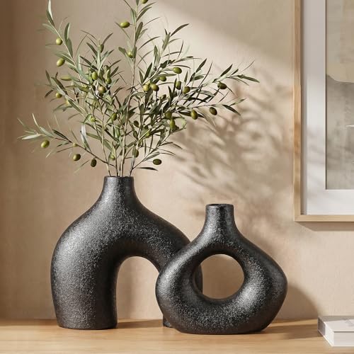 Black Ceramic Flower Vase Home Decor Set of 2, Farmhouse Table Vases Rustic Vintage Living Room Kitchen Bedroom Decorations for House Book Shelf Office Coffee Desk Dining Fireplace - color: Large Black