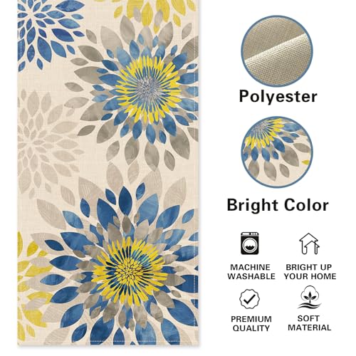 Geometric Dahlia Flower Dining Table Runner, Blue Yellow Floral Modern Art Burlap Kitchen Decoration, Spring Summer Farmhouse Indoor Outdoor Home Decor Party Supply 13 x 90 Inches - color: Dahlia, size: Table Runner 13''X90''