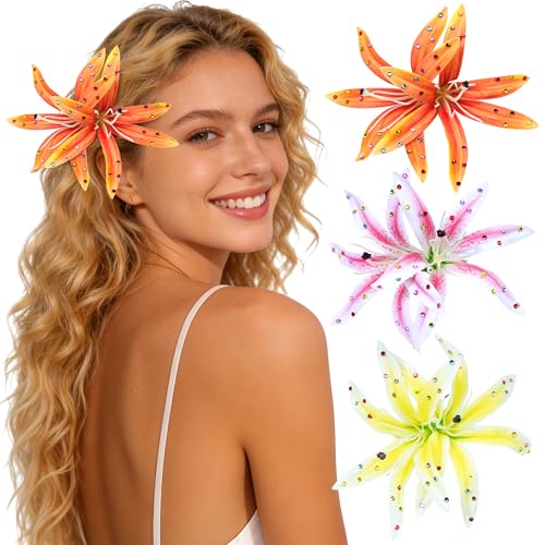 Mesovor 3 Pack Hawaiian Flower Hair Clips, Artificial Tropical Flower Orchid Hair Pin | Rhinestone Hairpins Hair Accessories for Wedding Bridal Beach Party (Hawaiian) - color: Hawaiian