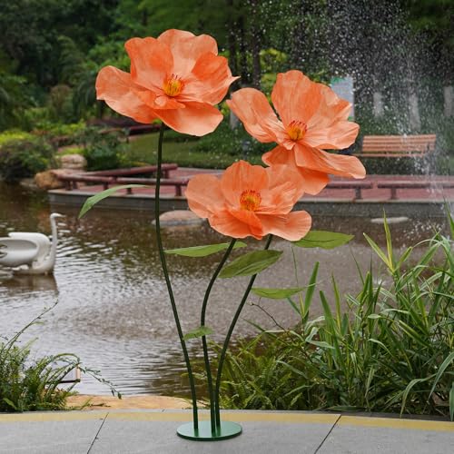 Large Paper Artificial Flowers,Giant Flowers for Decoration,Huge Handcrafted Poppy Fake Flowers with Stand for Home Decor Bridal Shower Party Outdoors Yard Event Backdrop Decor (Orange) - color: Orange