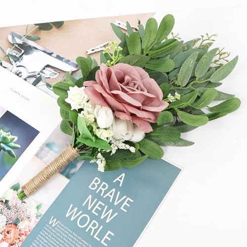8 Inch Bridesmaid Bouquets Set of 6 - Artificial Flowers Greenery Bouquet for Wedding, Small Floral Bouquet for Ceremony Anniversary Marriage Proposal Centerpiece Decorations - Dusty Pink - color: Dusty Pink, size: 6pcs