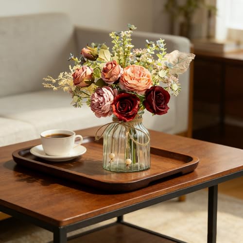LESING Fake Artificial Flowers with Vase Faux Silk Flower Bouquet in Glass Vase Rose Floral Arrangements Flower for Home Office Decoration, Dining Table Centerpiece (Red) - color: Red