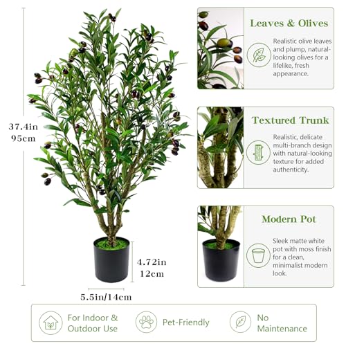 Artificial Olive Tree Plant, 37" Indoor Outdoor Fake Olive Potted Tree Faux Greenery Plant with Lifelike Fruits for Home Living Room Kitchen Ooffice Porch Front Door Cafe Garden Decor - color: F-37in