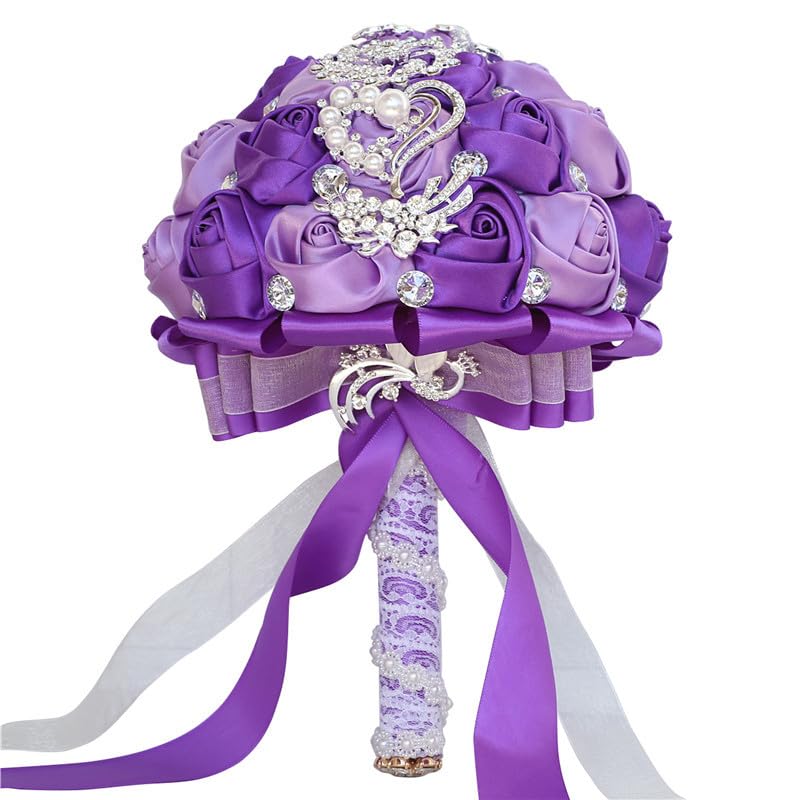 Wedding Bouquets Crystal Satin Rose Bride Bridal Bouquet Romantic Bridesmaid Holding Flower for Valentine's Day Confession Party Church Decor (Purple Lavender) - color: Purple Lavender