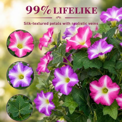 6Pcs Artificial Flowers for Outdoors, Fake Petunias Morning Glory Silk Flower UV Resistant, Faux Flowers for Outdoor Planters, Realistic Flora for Window Box Garden Porch Decor (FuchsiaPurple-Petunia) - color: Fuchsiapurple-petunia