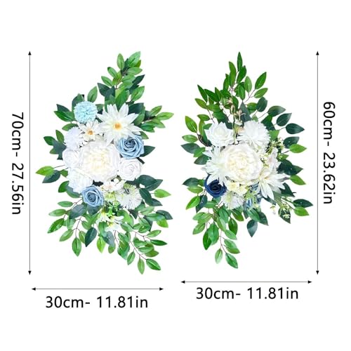 Artificial Wedding Arch Flowers (Pack of 2), White Wedding Flowers for Wedding Welcome Ceremony Sign, Faux Floral Swags, Banquet and Reception Backdrop Floral Decoration (White & Blue) - color: White & Blue